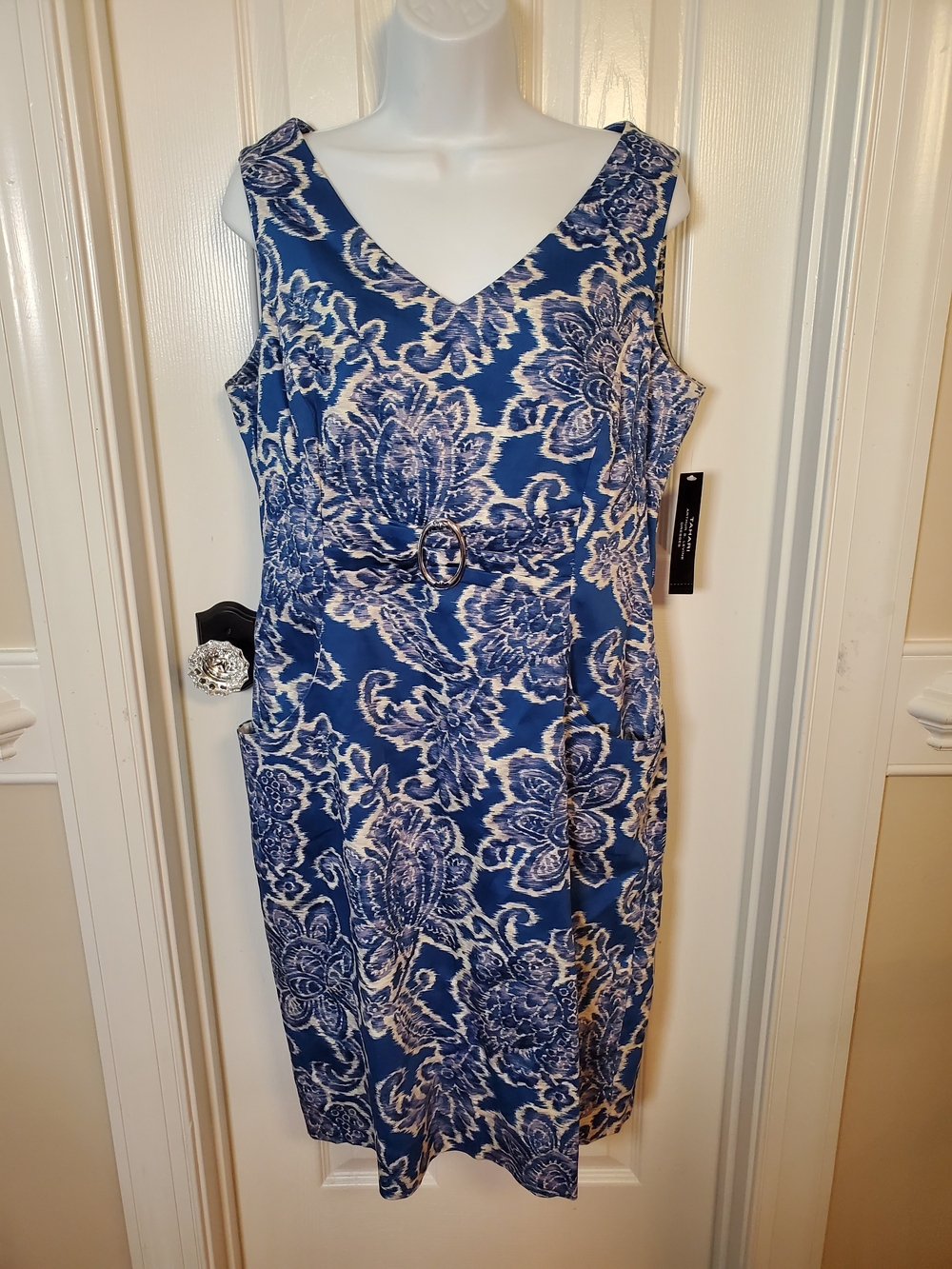 NWT Tahari ASL Blue Damask Midi Sheath Dress Size 12 Wedding Guest